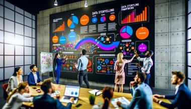 Team aus diversen Marketingexpertinnen und -experten arbeitet in einem modernen Büro intensiv an einem großen digitalen Dashboard mit bunten Diagrammen und Storytelling-Visuals.