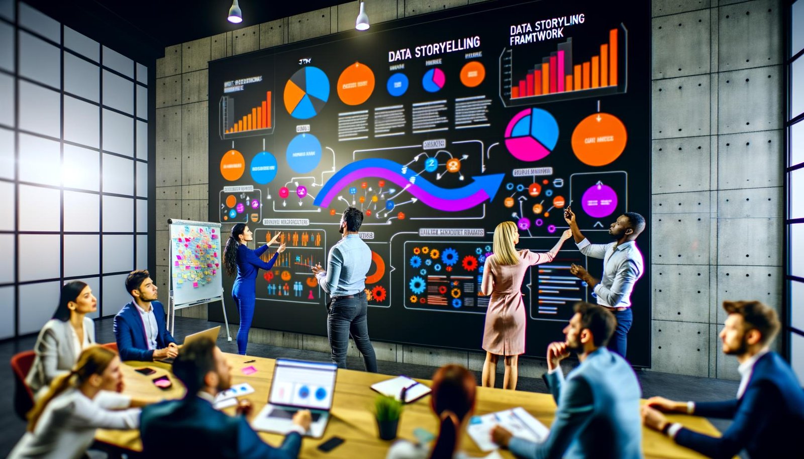 Team aus diversen Marketingexpertinnen und -experten arbeitet in einem modernen Büro intensiv an einem großen digitalen Dashboard mit bunten Diagrammen und Storytelling-Visuals.