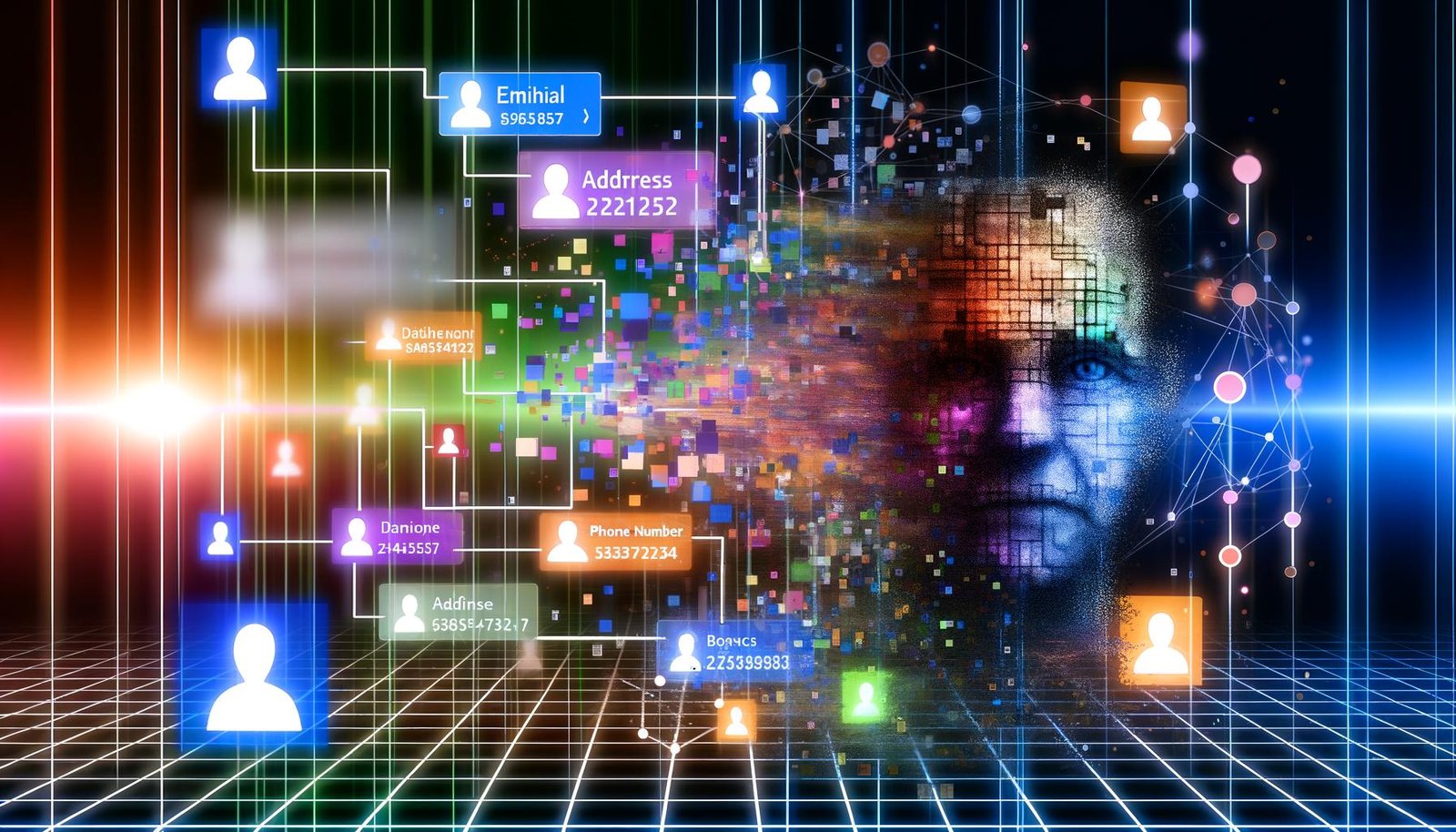 Digitale Collage mit hybridem Gesicht, Datenfeldern, Social Media Icons, Netzwerk aus bunten Linien und verschwommenen Silhouetten von Bots und KI-Figuren.