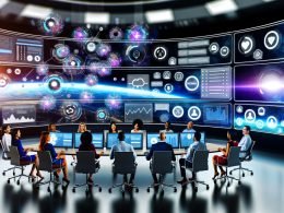Digitale Kommandozentrale mit Marketingteams vor großen, gebogenen Bildschirmen, die Live-Daten, Kalender und Social-Media-Feeds anzeigen, umgeben von schwebenden Symbolen für Tools und Automatisierung.