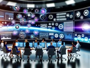 Digitale Kommandozentrale mit Marketingteams vor großen, gebogenen Bildschirmen, die Live-Daten, Kalender und Social-Media-Feeds anzeigen, umgeben von schwebenden Symbolen für Tools und Automatisierung.
