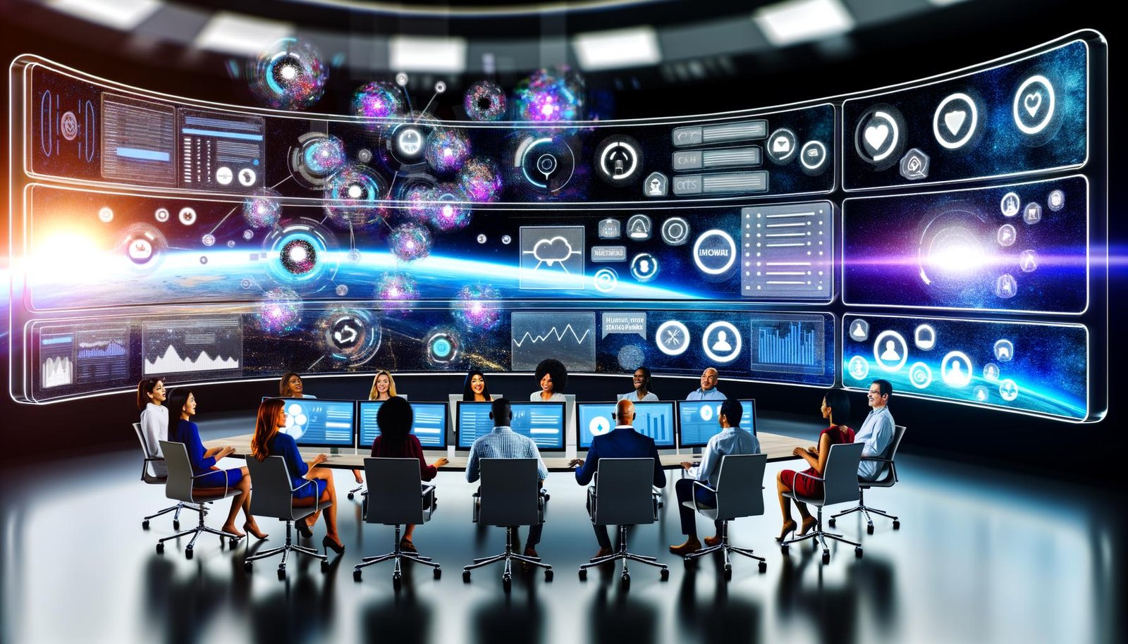 Digitale Kommandozentrale mit Marketingteams vor großen, gebogenen Bildschirmen, die Live-Daten, Kalender und Social-Media-Feeds anzeigen, umgeben von schwebenden Symbolen für Tools und Automatisierung.