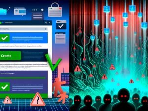 Geteilte Website mit Usercentrics-Cookie-Banner vorne und darunter wirre Datenströme, Tracking-Skripte sowie Schattenfiguren für Bußgelder und Vertrauensverlust.