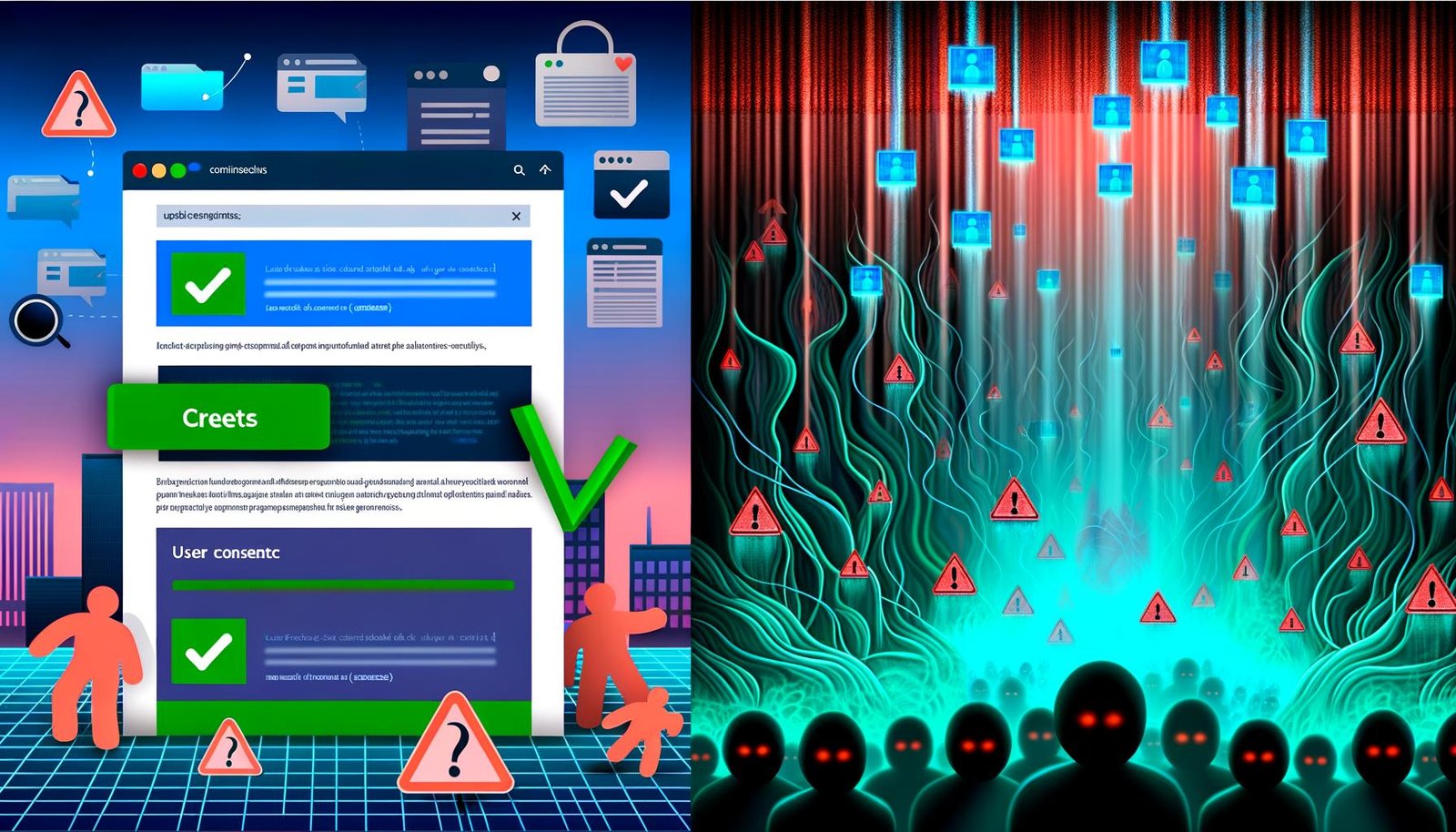 Geteilte Website mit Usercentrics-Cookie-Banner vorne und darunter wirre Datenströme, Tracking-Skripte sowie Schattenfiguren für Bußgelder und Vertrauensverlust.