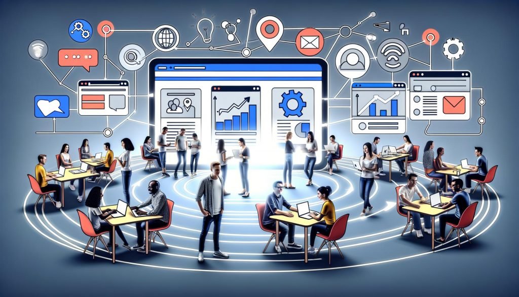 Illustration eines modernen Marketing-Teams mit großer Slack-Oberfläche im Mittelpunkt, visuelle Datenströme zu Tools wie HubSpot, Google Analytics, Mailchimp und Zapier, Teammitglieder im offenen Workspace, cleanes und techorientiertes Design.