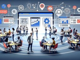 Illustration eines modernen Marketing-Teams mit großer Slack-Oberfläche im Mittelpunkt, visuelle Datenströme zu Tools wie HubSpot, Google Analytics, Mailchimp und Zapier, Teammitglieder im offenen Workspace, cleanes und techorientiertes Design.