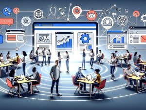 Illustration eines modernen Marketing-Teams mit großer Slack-Oberfläche im Mittelpunkt, visuelle Datenströme zu Tools wie HubSpot, Google Analytics, Mailchimp und Zapier, Teammitglieder im offenen Workspace, cleanes und techorientiertes Design.
