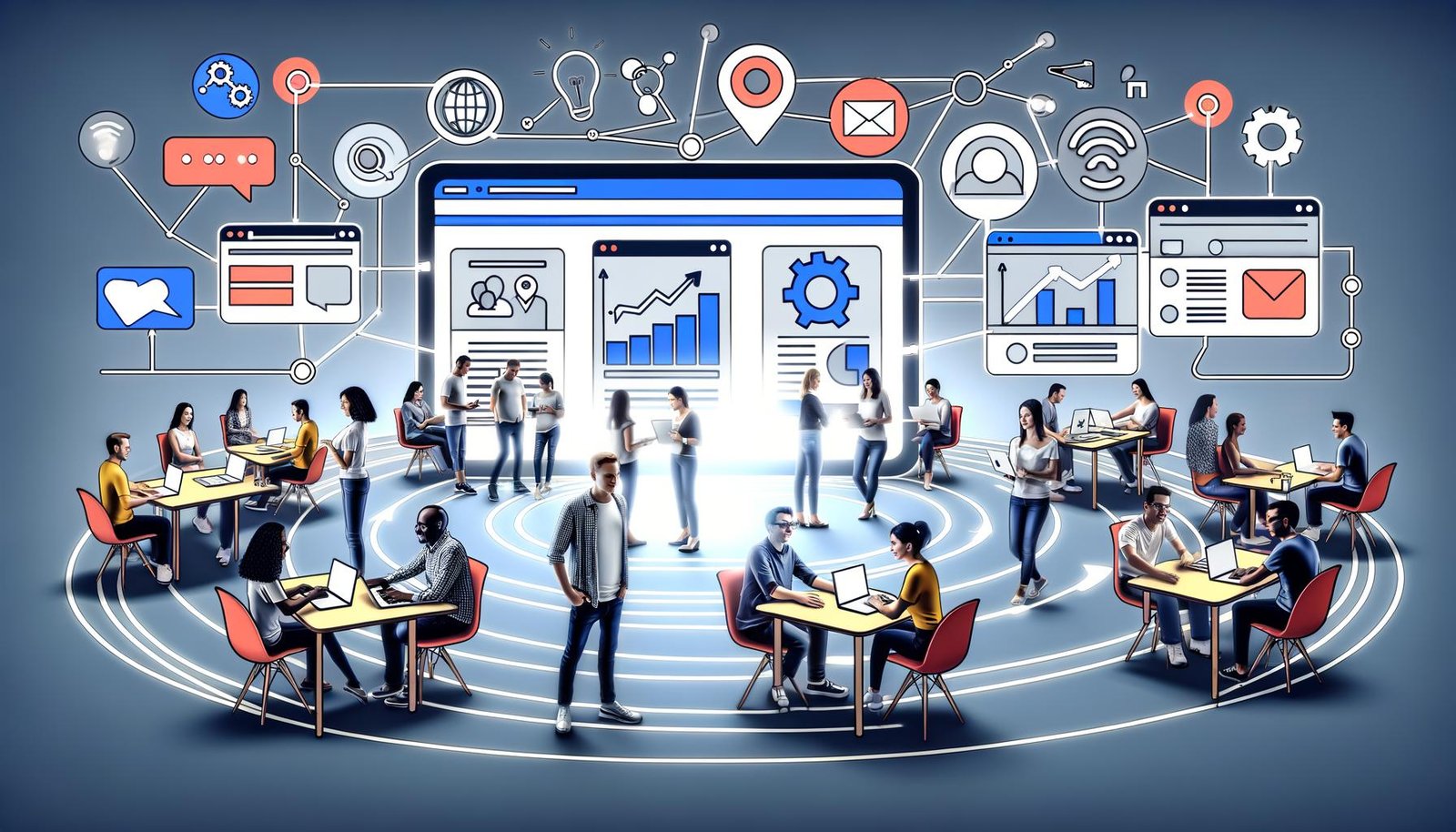 Illustration eines modernen Marketing-Teams mit großer Slack-Oberfläche im Mittelpunkt, visuelle Datenströme zu Tools wie HubSpot, Google Analytics, Mailchimp und Zapier, Teammitglieder im offenen Workspace, cleanes und techorientiertes Design.