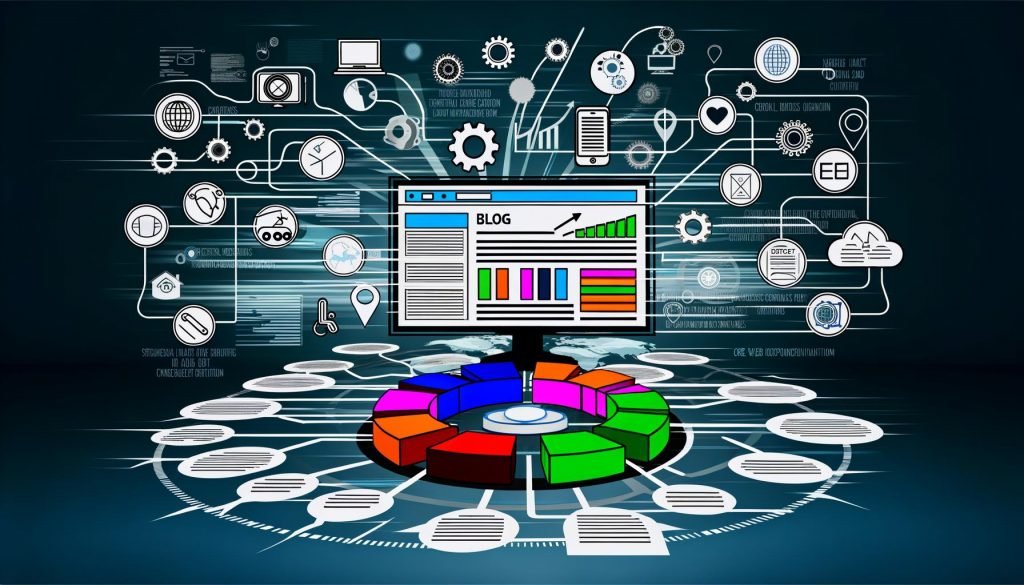 Illustration eines Monitors mit geöffneter Blog-Plattform, strukturierten Content-Blöcken, Keyword-Tags, interner Verlinkung, mobilen Optimierungssymbolen und technischen Audit-Elementen im klaren, modernen Digitalstil.