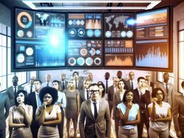 Team von Digital Marketern und Datenanalysten im modernen Büro mit großen, interaktiven Bildschirmen voller Diagramme und KPIs, das trotz beeindruckender Visualisierungen verwirrt wirkt.