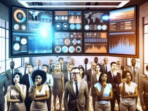 Team von Digital Marketern und Datenanalysten im modernen Büro mit großen, interaktiven Bildschirmen voller Diagramme und KPIs, das trotz beeindruckender Visualisierungen verwirrt wirkt.