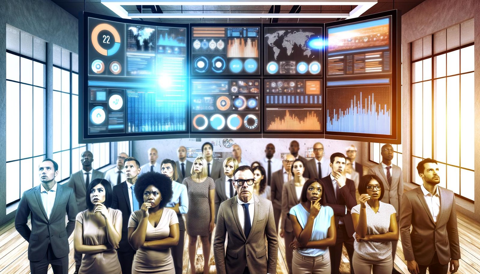 Team von Digital Marketern und Datenanalysten im modernen Büro mit großen, interaktiven Bildschirmen voller Diagramme und KPIs, das trotz beeindruckender Visualisierungen verwirrt wirkt.