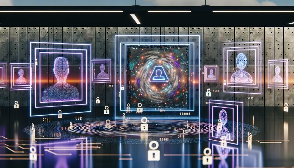 Futuristischer Kontrollraum mit digitalen Netzwerken, KI-Avataren und Blockchain-Grafiken, dargestellte Verschmelzung von Menschen und künstlichen Identitäten in cyberpunkartiger Atmosphäre.