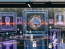 Futuristischer Kontrollraum mit digitalen Netzwerken, KI-Avataren und Blockchain-Grafiken, dargestellte Verschmelzung von Menschen und künstlichen Identitäten in cyberpunkartiger Atmosphäre.