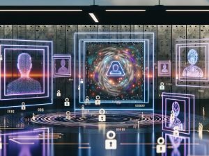 Futuristischer Kontrollraum mit digitalen Netzwerken, KI-Avataren und Blockchain-Grafiken, dargestellte Verschmelzung von Menschen und künstlichen Identitäten in cyberpunkartiger Atmosphäre.
