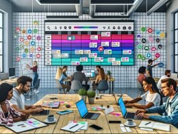 Modernes, gut beleuchtetes Büro mit mehreren Arbeitsplätzen, auf denen ein vielfältiges Team an Laptops arbeitet. Ein großer Bildschirm zeigt eine bunte, digitale Kalenderübersicht. Whiteboards mit Post-its und bekannte Tool-Icons wie Asana und Trello verdeutlichen die Zusammenarbeit im digitalen Content-Management.