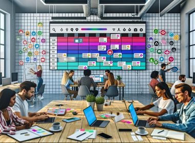 Modernes, gut beleuchtetes Büro mit mehreren Arbeitsplätzen, auf denen ein vielfältiges Team an Laptops arbeitet. Ein großer Bildschirm zeigt eine bunte, digitale Kalenderübersicht. Whiteboards mit Post-its und bekannte Tool-Icons wie Asana und Trello verdeutlichen die Zusammenarbeit im digitalen Content-Management.