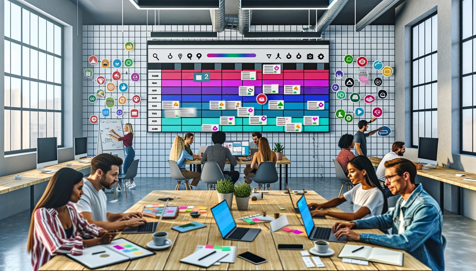 Modernes, gut beleuchtetes Büro mit mehreren Arbeitsplätzen, auf denen ein vielfältiges Team an Laptops arbeitet. Ein großer Bildschirm zeigt eine bunte, digitale Kalenderübersicht. Whiteboards mit Post-its und bekannte Tool-Icons wie Asana und Trello verdeutlichen die Zusammenarbeit im digitalen Content-Management.