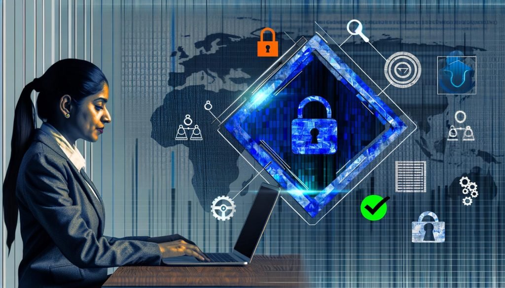 Abstrahiertes Consent-Banner als Schutzschild über Website, juristische Symbole im Hintergrund, fokussierter Marketer am Laptop, blaue und graue Farbtöne mit orangen Akzenten.