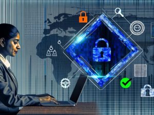 Abstrahiertes Consent-Banner als Schutzschild über Website, juristische Symbole im Hintergrund, fokussierter Marketer am Laptop, blaue und graue Farbtöne mit orangen Akzenten.