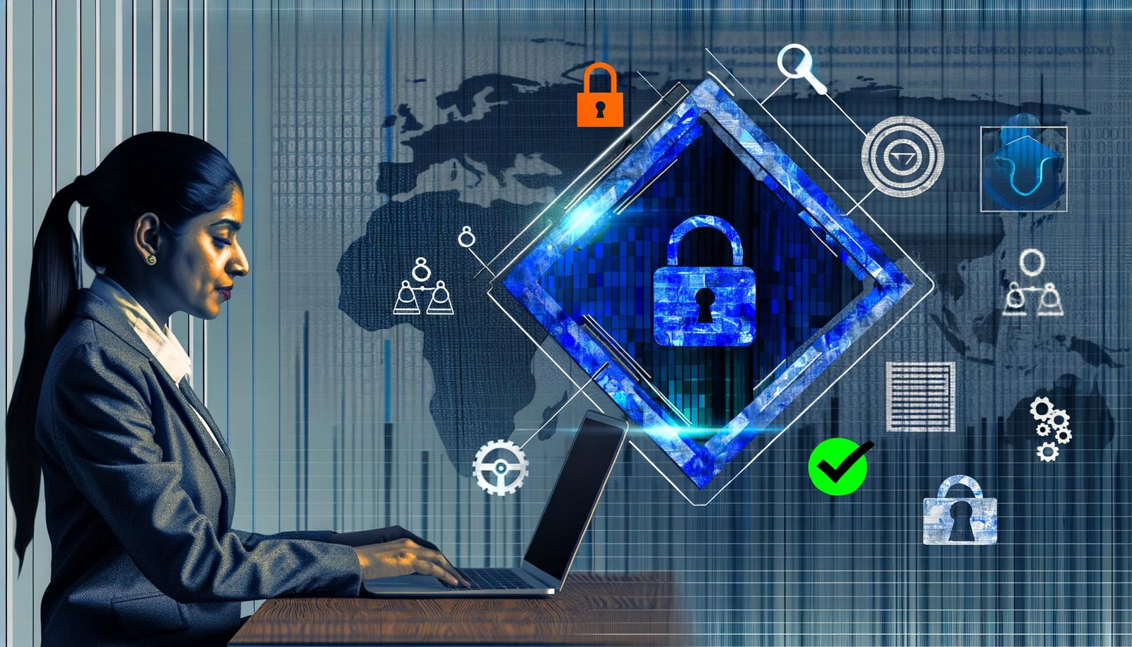 Abstrahiertes Consent-Banner als Schutzschild über Website, juristische Symbole im Hintergrund, fokussierter Marketer am Laptop, blaue und graue Farbtöne mit orangen Akzenten.