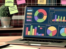 Ordentlicher Schreibtisch mit Laptop, auf dessen Bildschirm eine Instagram-Analytics-Vorlage mit verschiedenen KPI-Grafiken und Begriffen wie Algorithmus, Viralität und Insights zu sehen ist. Im Hintergrund das Instagram-Logo als Wasserzeichen.