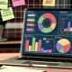 Ordentlicher Schreibtisch mit Laptop, auf dessen Bildschirm eine Instagram-Analytics-Vorlage mit verschiedenen KPI-Grafiken und Begriffen wie Algorithmus, Viralität und Insights zu sehen ist. Im Hintergrund das Instagram-Logo als Wasserzeichen.