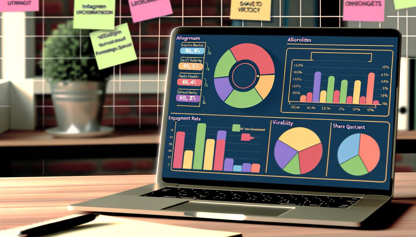Ordentlicher Schreibtisch mit Laptop, auf dessen Bildschirm eine Instagram-Analytics-Vorlage mit verschiedenen KPI-Grafiken und Begriffen wie Algorithmus, Viralität und Insights zu sehen ist. Im Hintergrund das Instagram-Logo als Wasserzeichen.