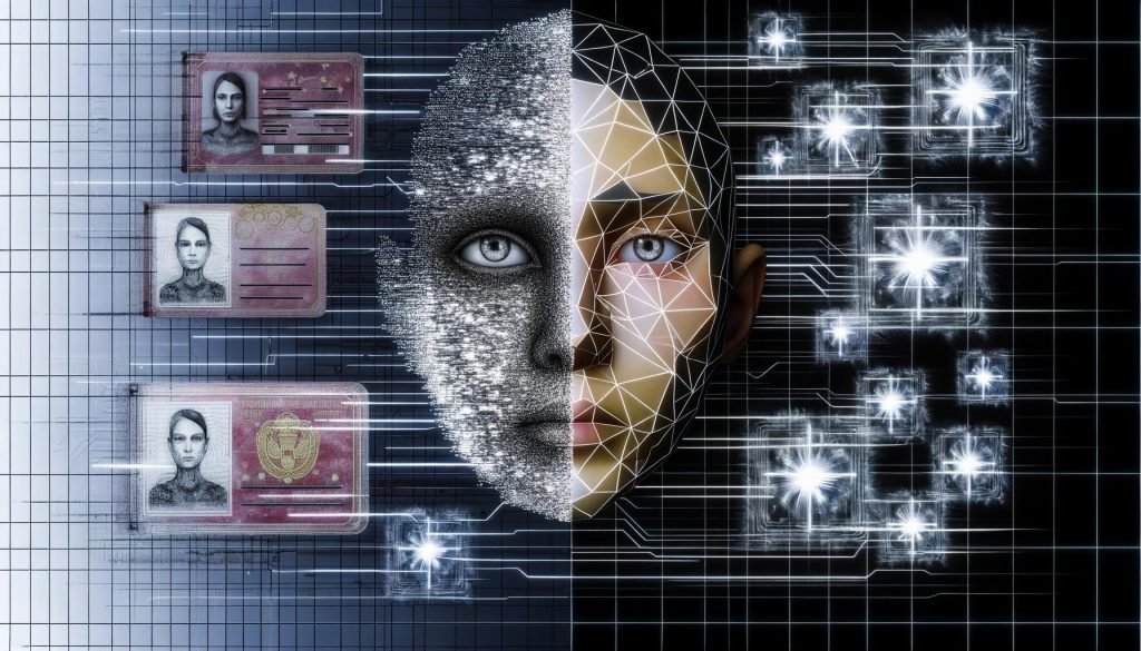 Hyperrealistisches Porträt eines Gesichts, das sich in digitale Daten und Netzwerkstrukturen auflöst, mit Passdokumenten und Blockchain-Symbolen im Hintergrund.