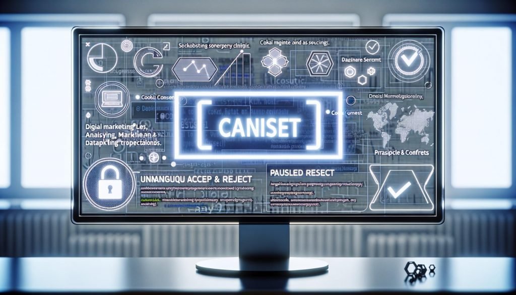 Desktop-Computer mit modernem Cookie-Hinweis, klaren Auswahlmöglichkeiten und im Hintergrund gestoppte Tracking- und Marketing-Skripte, Symbol für Datenschutz und Sicherheit 2024.