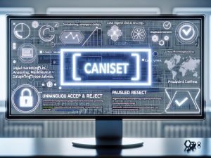 Desktop-Computer mit modernem Cookie-Hinweis, klaren Auswahlmöglichkeiten und im Hintergrund gestoppte Tracking- und Marketing-Skripte, Symbol für Datenschutz und Sicherheit 2024.