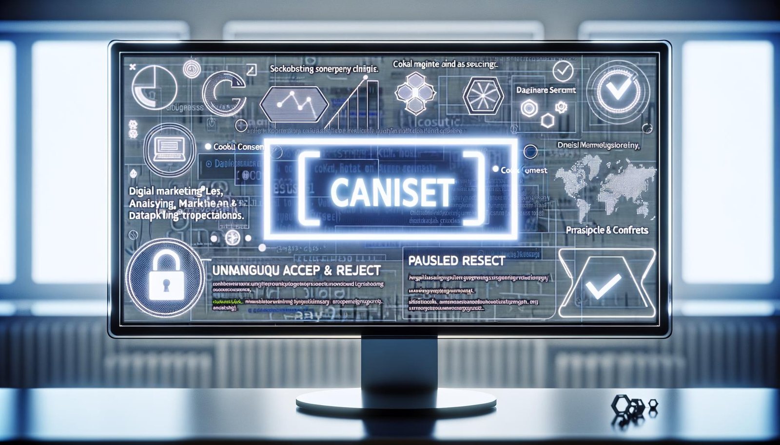 Desktop-Computer mit modernem Cookie-Hinweis, klaren Auswahlmöglichkeiten und im Hintergrund gestoppte Tracking- und Marketing-Skripte, Symbol für Datenschutz und Sicherheit 2024.