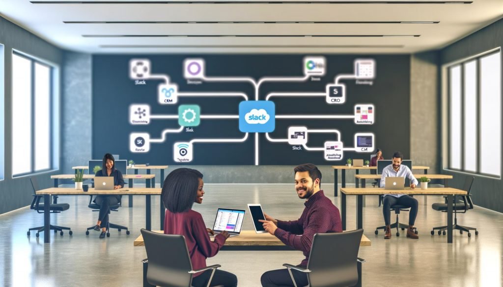 Moderner offener Büroraum mit Mitarbeitenden an Laptops, Slack auf Bildschirmen und Visualisierung eines effizienten Tech-Stacks mit CRM, Marketing Automation, Analytics und Projektmanagement.