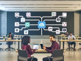 Moderner offener Büroraum mit Mitarbeitenden an Laptops, Slack auf Bildschirmen und Visualisierung eines effizienten Tech-Stacks mit CRM, Marketing Automation, Analytics und Projektmanagement.