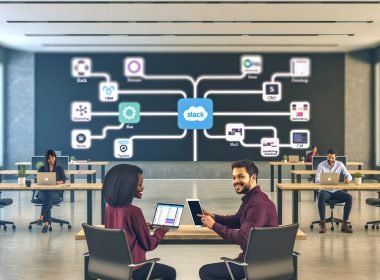 Moderner offener Büroraum mit Mitarbeitenden an Laptops, Slack auf Bildschirmen und Visualisierung eines effizienten Tech-Stacks mit CRM, Marketing Automation, Analytics und Projektmanagement.