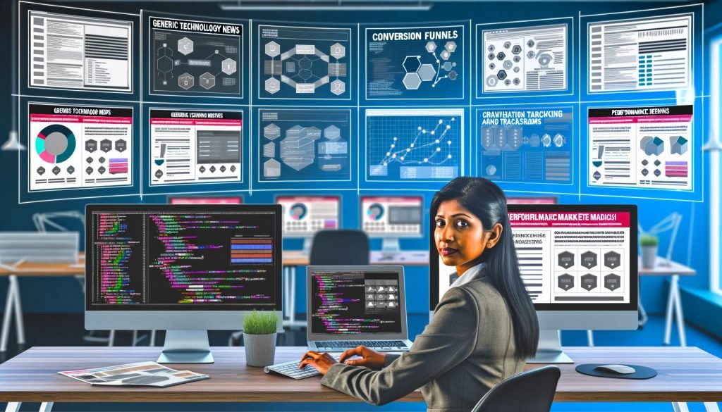 Performance-Marketing-Team analysiert Apple News Ads auf mehreren Monitoren mit Diagrammen und Tracking-Dashboards, eine Mitarbeiterin programmiert im Vordergrund