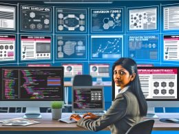 Performance-Marketing-Team analysiert Apple News Ads auf mehreren Monitoren mit Diagrammen und Tracking-Dashboards, eine Mitarbeiterin programmiert im Vordergrund