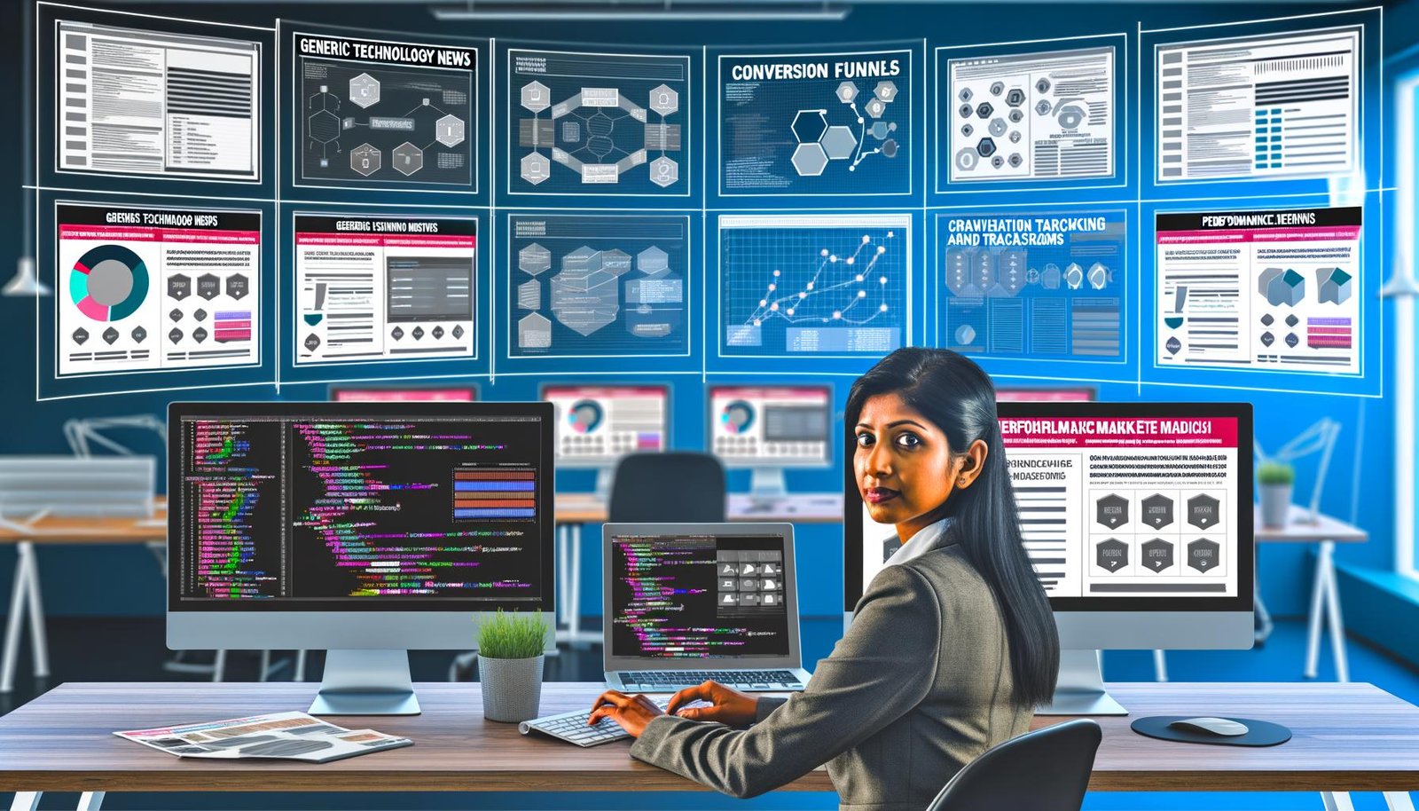 Performance-Marketing-Team analysiert Apple News Ads auf mehreren Monitoren mit Diagrammen und Tracking-Dashboards, eine Mitarbeiterin programmiert im Vordergrund