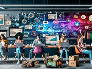 Moderne Redaktion mit jungen Redakteur:innen an Laptops, digitalen Dashboards, KI-Symbolen und sichtbarem Editorial Content Assistant; im Hintergrund klassische Notizzettel und ein alter Faxapparat.