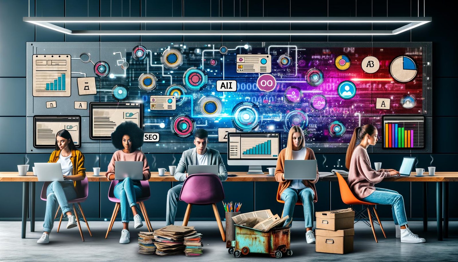 Moderne Redaktion mit jungen Redakteur:innen an Laptops, digitalen Dashboards, KI-Symbolen und sichtbarem Editorial Content Assistant; im Hintergrund klassische Notizzettel und ein alter Faxapparat.