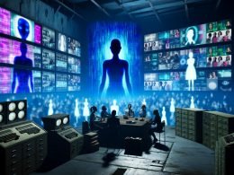 Politiker sitzen ratlos in einem düsteren Kontrollzentrum mit veralteter Technik, während im Hintergrund digitale Virtual Influencer und Deepfake-Videos auf riesigen Bildschirmen dominieren.