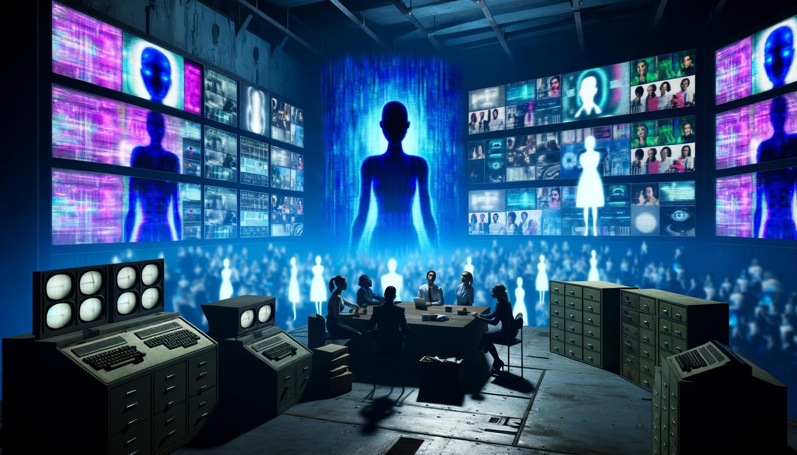 Politiker sitzen ratlos in einem düsteren Kontrollzentrum mit veralteter Technik, während im Hintergrund digitale Virtual Influencer und Deepfake-Videos auf riesigen Bildschirmen dominieren.