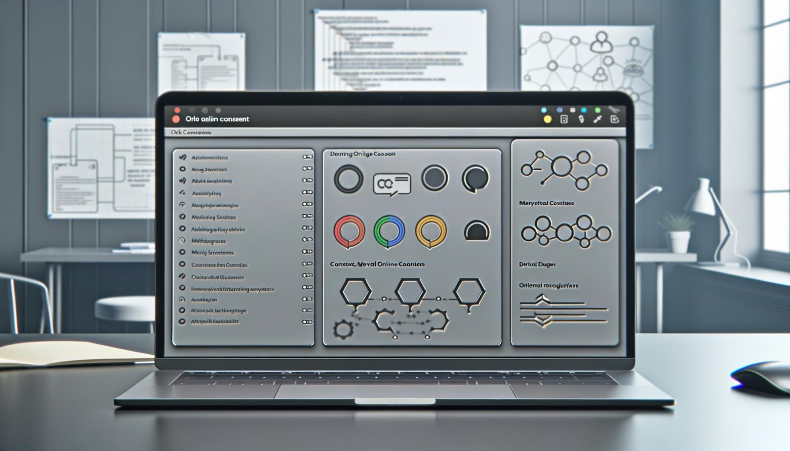 Offener Laptop mit Dashboard einer Consent-Management-Plattform, farblich markierte Cookie-Schalter und verschwommene Datenflussdiagramme sowie juristische Unterlagen im Hintergrund