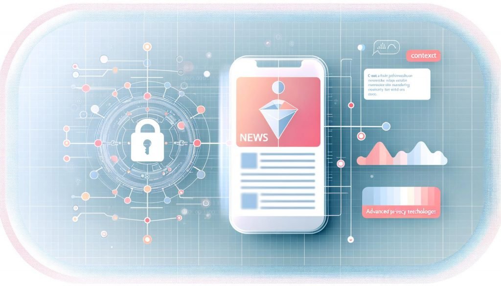 Futuristische Grafik eines iPhones mit Apple News App, über dem ein transparenter KI-Algorithmus und Datenschutz-Symbole wie ein Schloss und Privacy-Shields schweben.