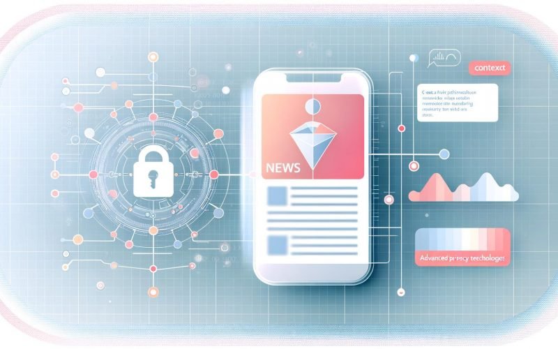 Futuristische Grafik eines iPhones mit Apple News App, über dem ein transparenter KI-Algorithmus und Datenschutz-Symbole wie ein Schloss und Privacy-Shields schweben.