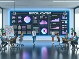 Modernes Büro mit großem Dashboard, auf dem Datengrafiken, KPI-Charts und SEO-Kennzahlen leuchten, davor ein konzentriertes und kreatives Content-Team mit Laptops und Notizbüchern