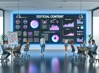Modernes Büro mit großem Dashboard, auf dem Datengrafiken, KPI-Charts und SEO-Kennzahlen leuchten, davor ein konzentriertes und kreatives Content-Team mit Laptops und Notizbüchern