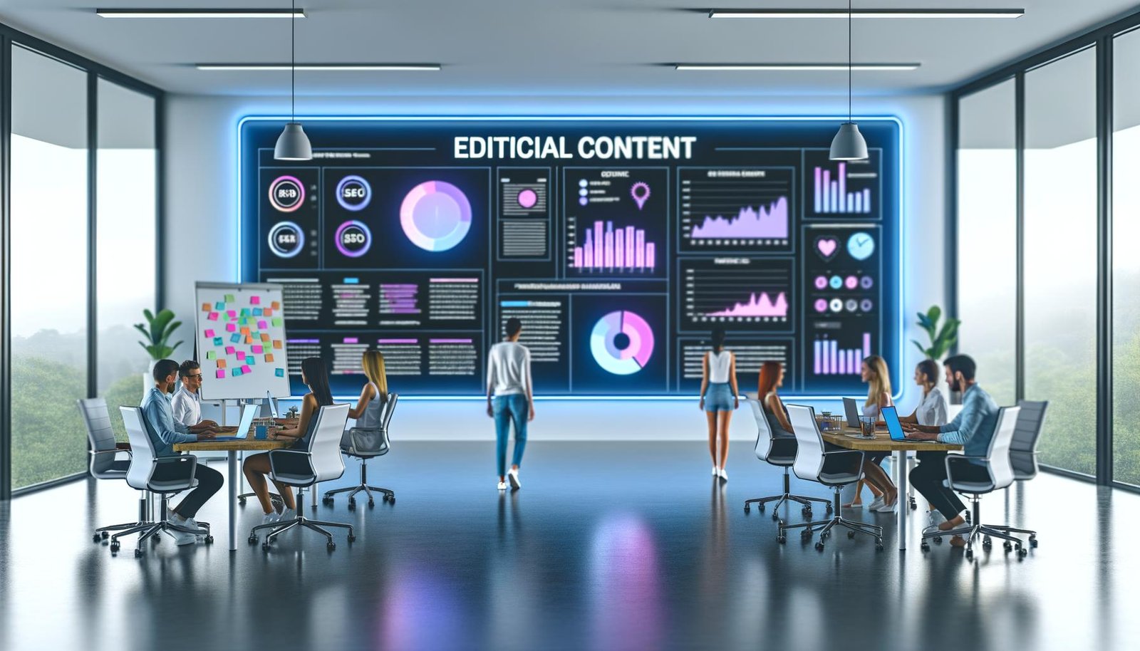 Modernes Büro mit großem Dashboard, auf dem Datengrafiken, KPI-Charts und SEO-Kennzahlen leuchten, davor ein konzentriertes und kreatives Content-Team mit Laptops und Notizbüchern