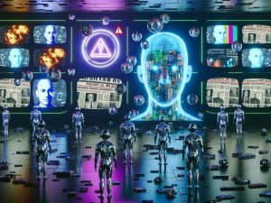 Futuristisches Kontrollzentrum mit Deepfakes, Cyborgs, zerbrechenden Zeitungs- und Mikrofonsymbolen sowie holografischen Warnhinweisen in einer neonbeleuchteten, düsteren Atmosphäre.