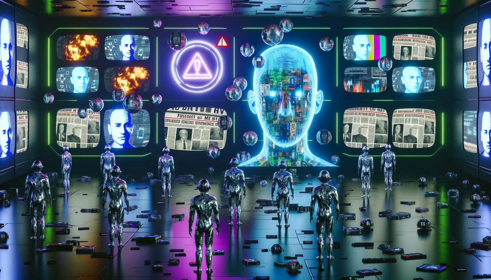 Futuristisches Kontrollzentrum mit Deepfakes, Cyborgs, zerbrechenden Zeitungs- und Mikrofonsymbolen sowie holografischen Warnhinweisen in einer neonbeleuchteten, düsteren Atmosphäre.